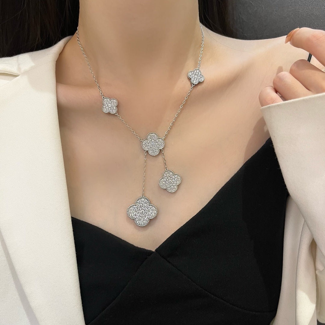 [Select]CLOVER 5 MOTIFS SILVER DIAMONDS NECKLACE