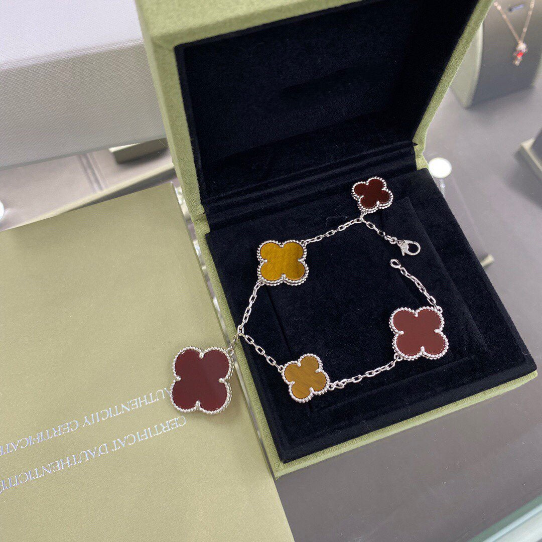 [Select]CLOVER 5 MOTIFS SIVLER CARNELIAN TIGER EYE BRACELET