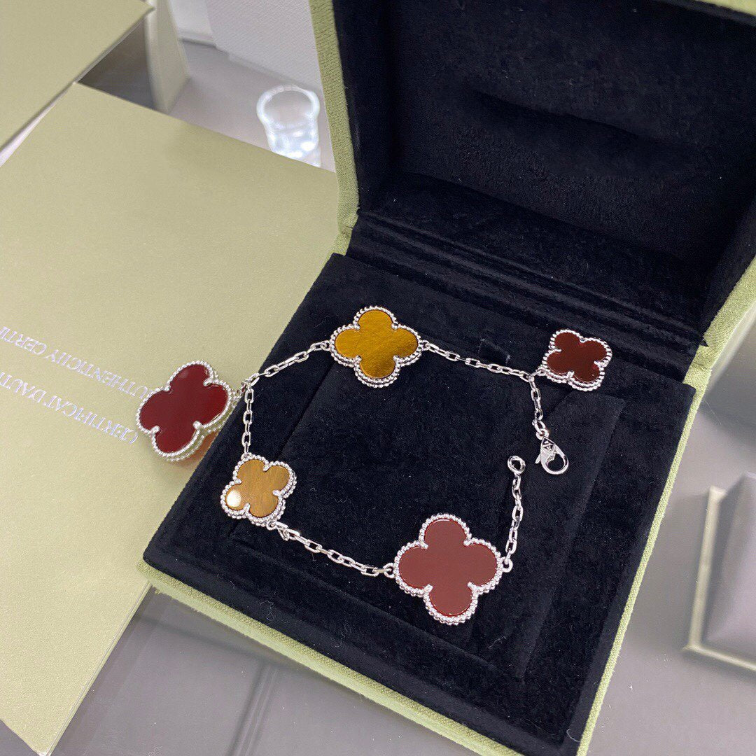 [Select]CLOVER 5 MOTIFS SIVLER CARNELIAN TIGER EYE BRACELET