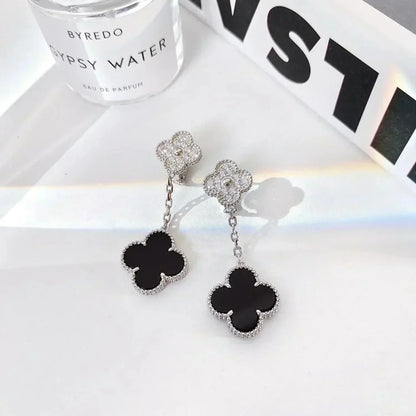 [Select]CLOVER 2 MOTIFS  DIAMOND ONYX EARRINGS SILVER