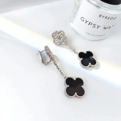 [Select]CLOVER 2 MOTIFS  DIAMOND ONYX EARRINGS SILVER