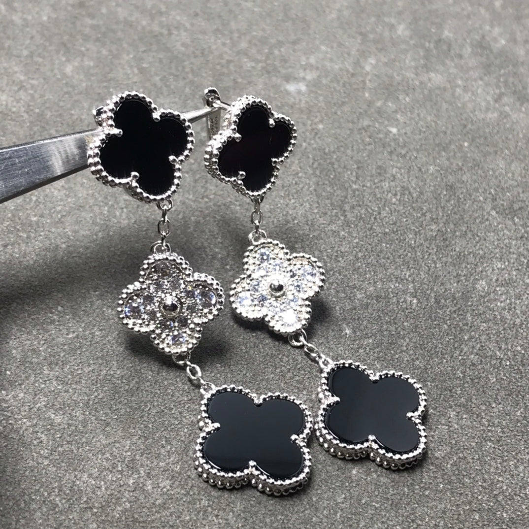 [Select]CLOVER 3 MOTIF DIAMOND ONYX SILVER EARRINGS