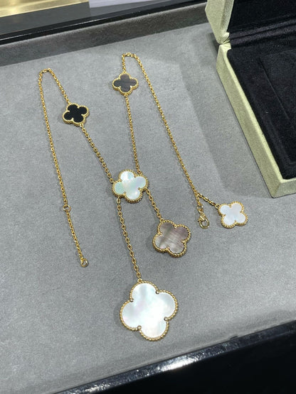 [Select]CLOVER 6 MOTIF MOP ONYX GOLD NECKLACE