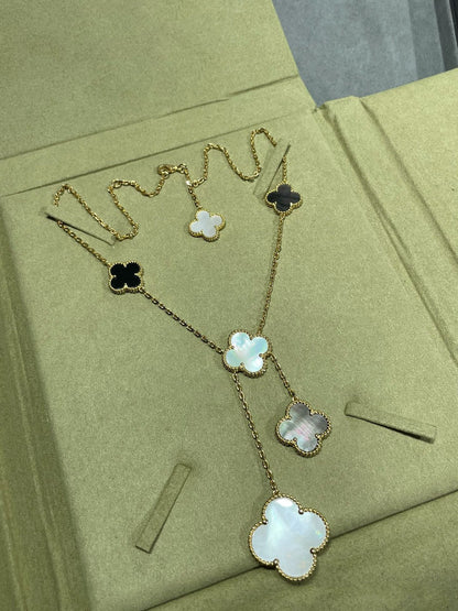 [Select]CLOVER 6 MOTIF MOP ONYX GOLD NECKLACE