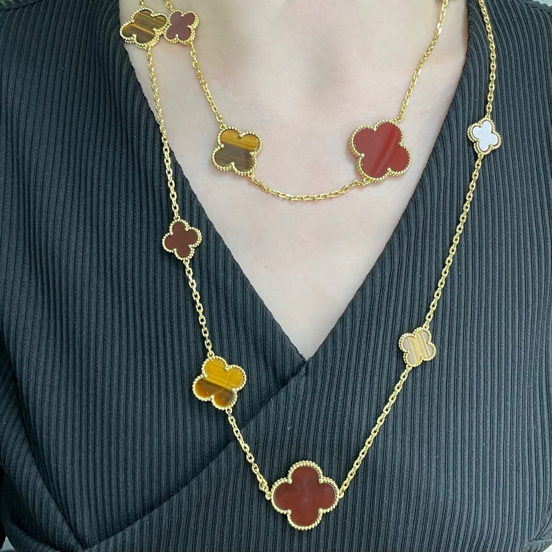 [Select]CLOVER 16 MOTIF CARNELIAN TIGER EYE Select GOLD NECKLACE
