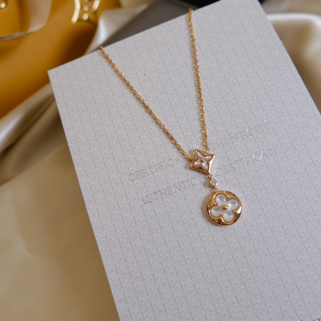 [Select]STAR AND SUN WHITE MOP 2 MOTIF PINK GOLD NECKLACE