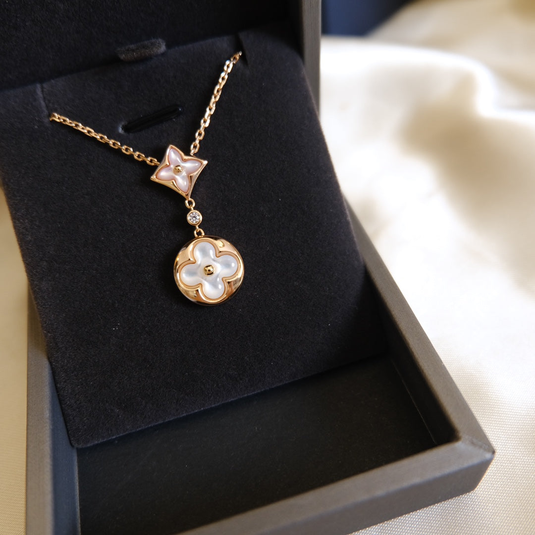 [Select]STAR AND SUN WHITE MOP 2 MOTIF PINK GOLD NECKLACE