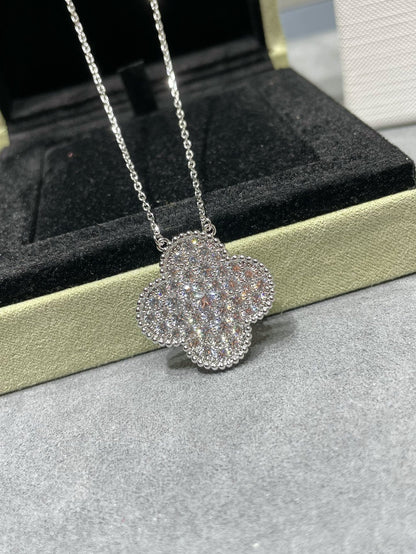 [Select]CLOVER 25MM LARGE PENDANT DIAMOND PAVED SILVER NECKLACE