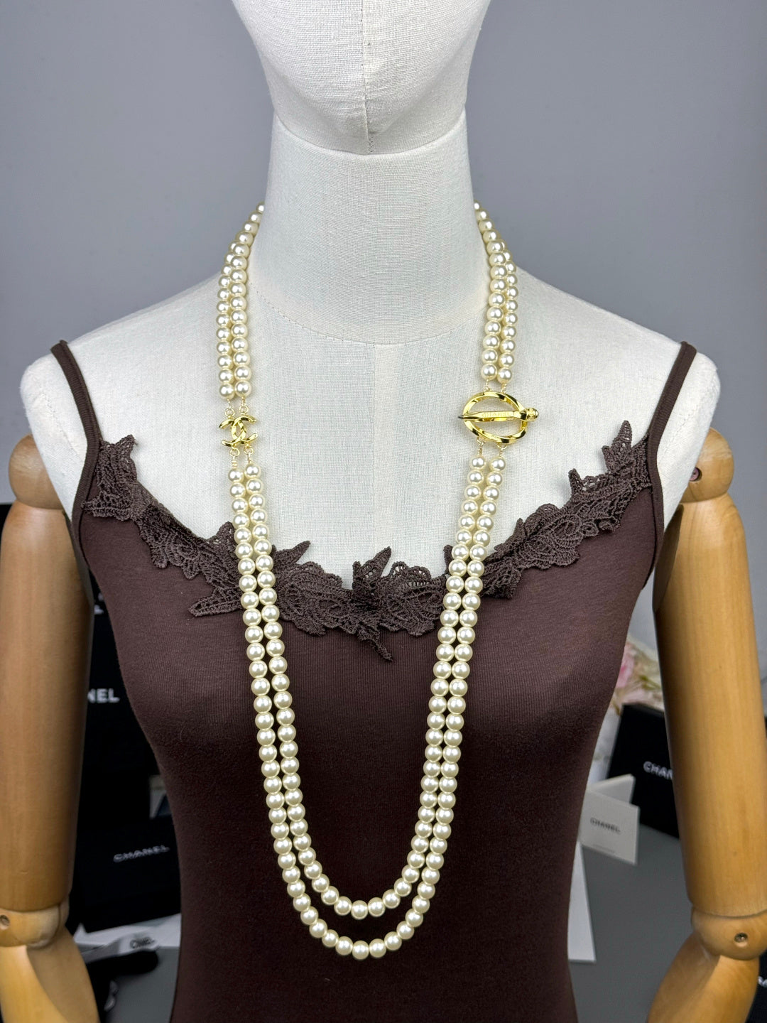 [Select]25K Pencil Double C Double-Layer Pearl Sweater Chain