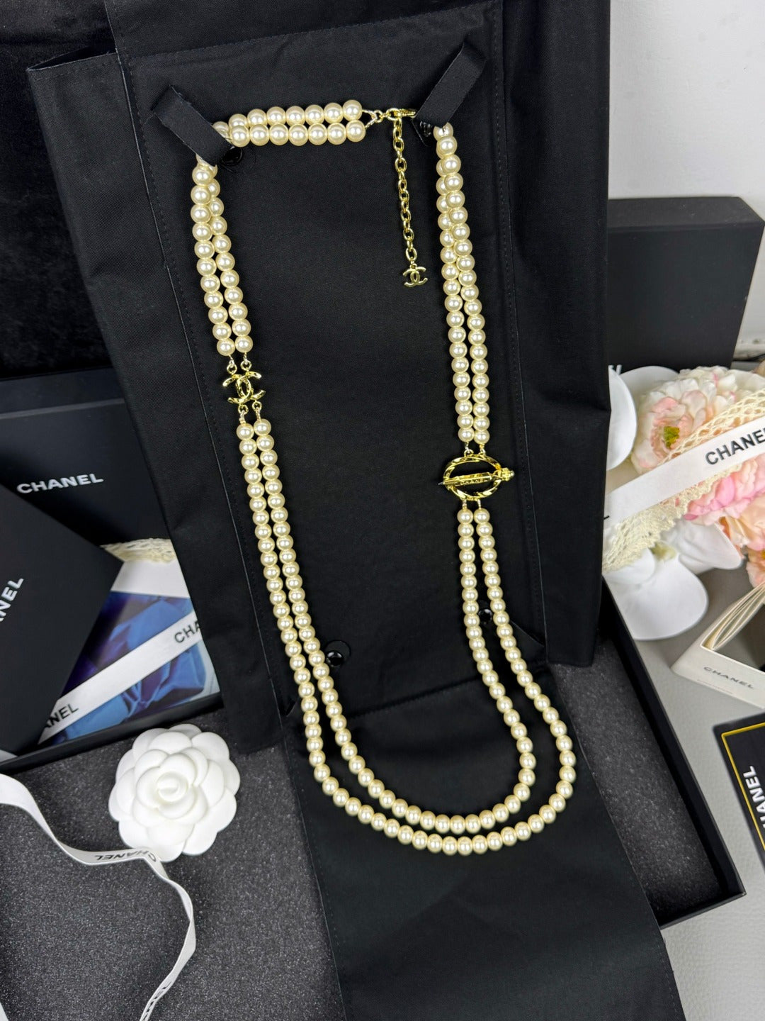 [Select]25K Pencil Double C Double-Layer Pearl Sweater Chain