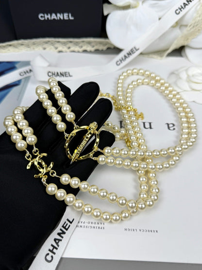 [Select]25K Pencil Double C Double-Layer Pearl Sweater Chain