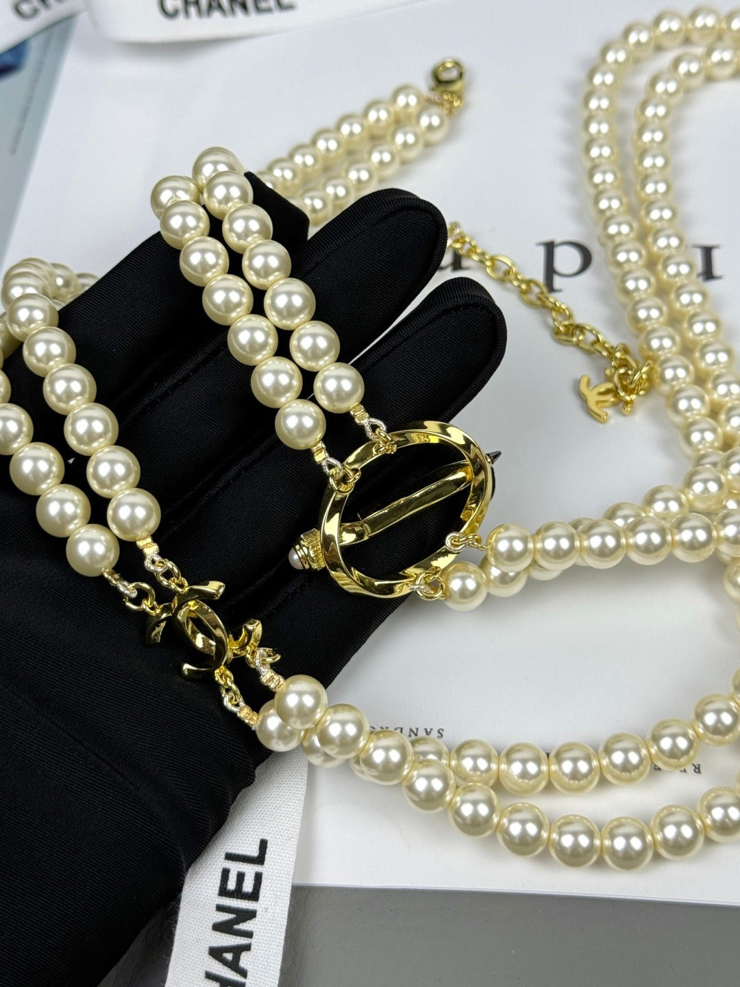 [Select]25K Pencil Double C Double-Layer Pearl Sweater Chain