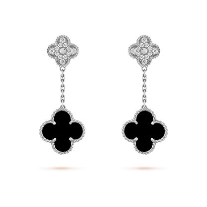 [Select]CLOVER 2 MOTIFS  DIAMOND ONYX EARRINGS SILVER
