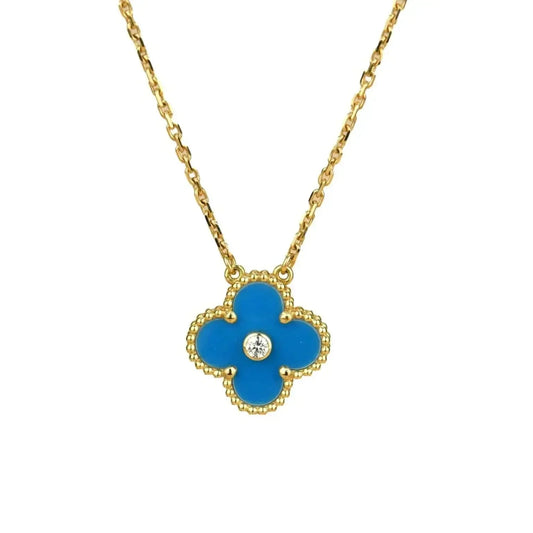 [Select]CLOVER 15MM DIAMOND AND BLUE AGATE NECKLACE