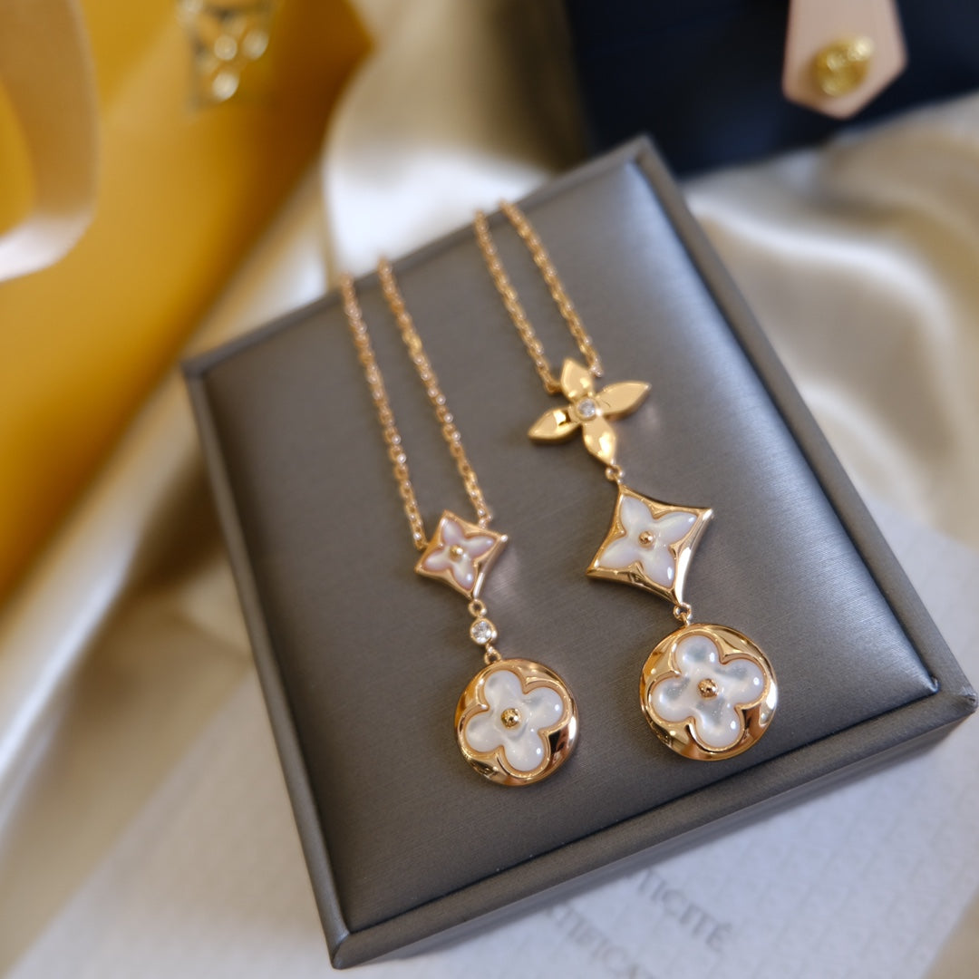 [Select]COLOR BLOSSOM LARIAT NECKLACE PINK GOLD WHITE MOTHER PEARL AND DIAMOND