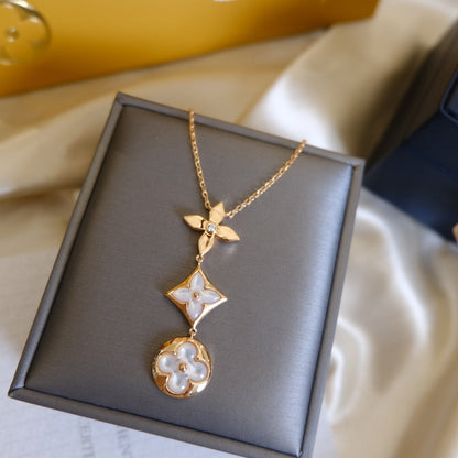 [Select]COLOR BLOSSOM LARIAT NECKLACE PINK GOLD WHITE MOTHER PEARL AND DIAMOND