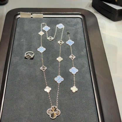 [Select]DETACHABLE CLOVER 15(11+4) FLOWER SILVER NECKLACE SET