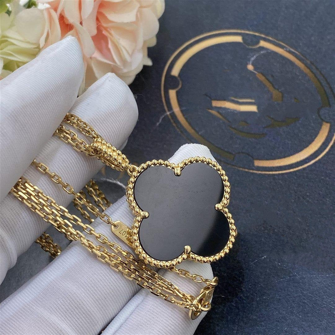 [Select]CLOVER 25MM GOLD ONYX BIG CLOVER NECKLACE