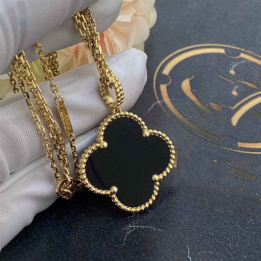 [Select]CLOVER 25MM GOLD ONYX BIG CLOVER NECKLACE