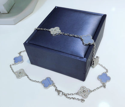[Select]CLOVER 10 MOTIFS CHALCEDONY DIAMONDS SILVER NECKLACE