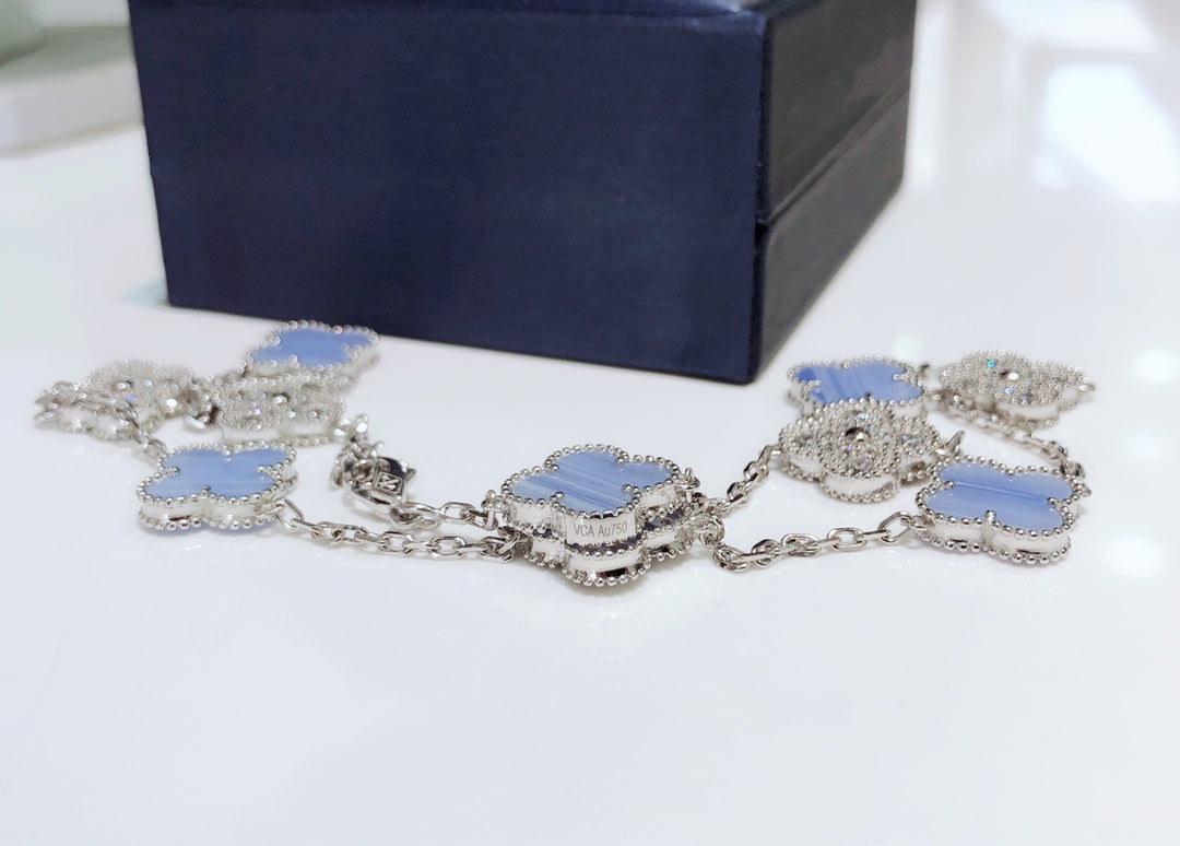 [Select]CLOVER 10 MOTIFS CHALCEDONY DIAMONDS SILVER NECKLACE