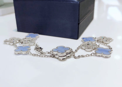 [Select]CLOVER 10 MOTIFS CHALCEDONY DIAMONDS SILVER NECKLACE