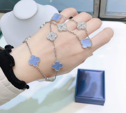 [Select]CLOVER 10 MOTIFS CHALCEDONY DIAMONDS SILVER NECKLACE